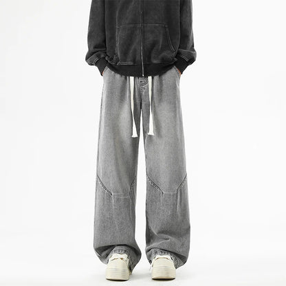 2025 Hip-hop Baggy Denim season elastic waist New Korean Men's Jeans American Loose Fit Wide-leg Straight Casual Trousers Street