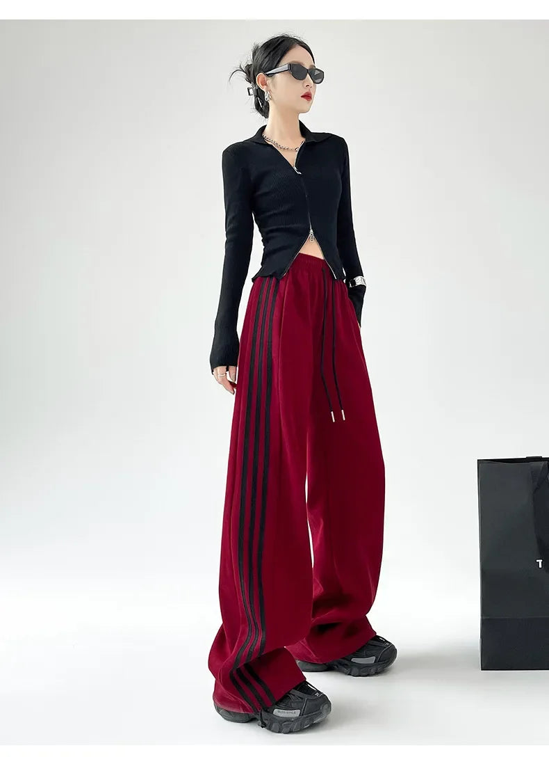 Black Striped Sports Pants Women's Spring Autumn Wide Leg Casual Loose High Waist Straight Leg Sweatpants