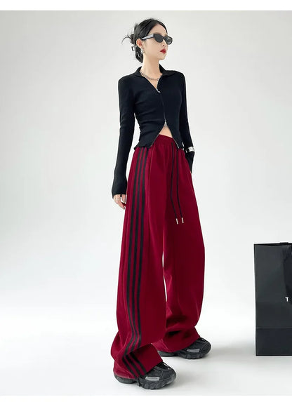 Black Striped Sports Pants Women's Spring Autumn Wide Leg Casual Loose High Waist Straight Leg Sweatpants