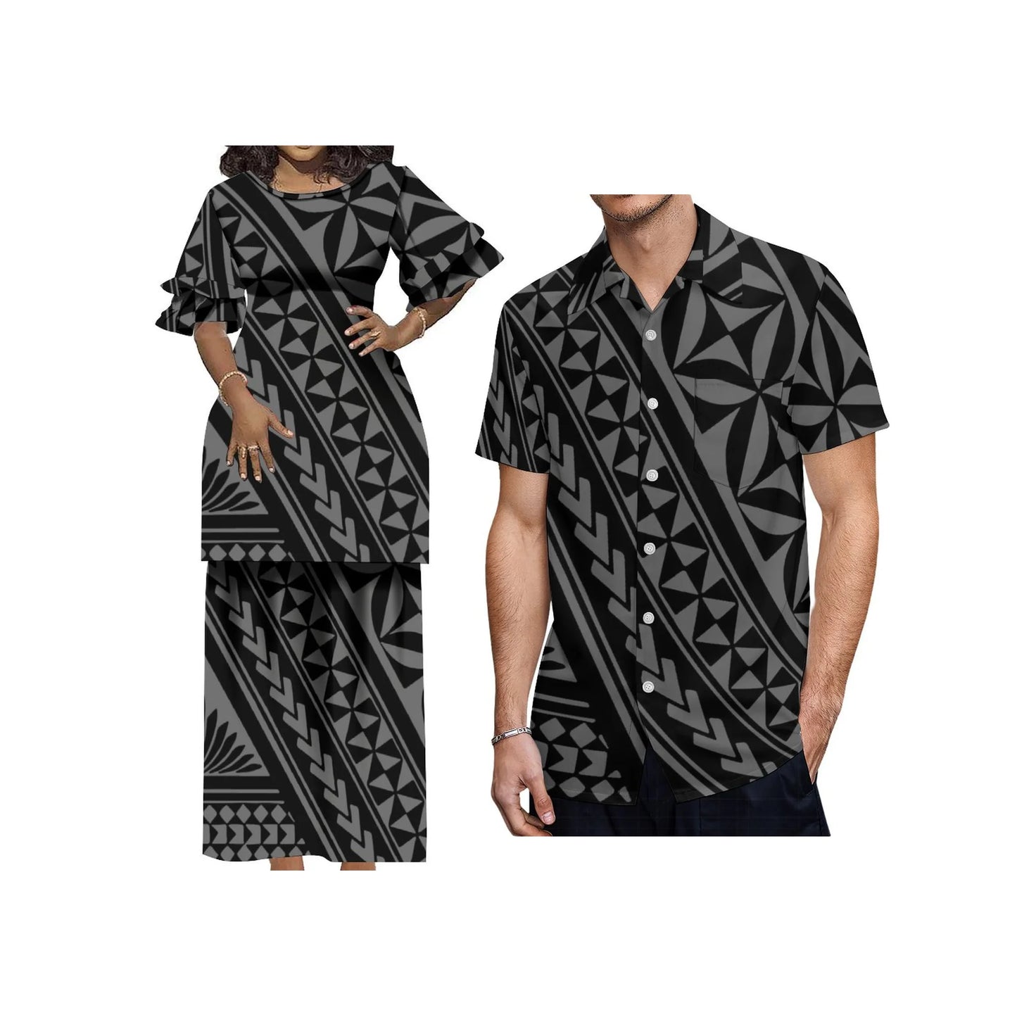 Plus Size Women 2 Piece Outfits Sets Dress New Wholesale Custom Polynesian Tribal Design Petal Sleeve Samoan Puletasi Set
