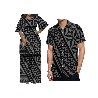 Plus Size Women 2 Piece Outfits Sets Dress New Wholesale Custom Polynesian Tribal Design Petal Sleeve Samoan Puletasi Set