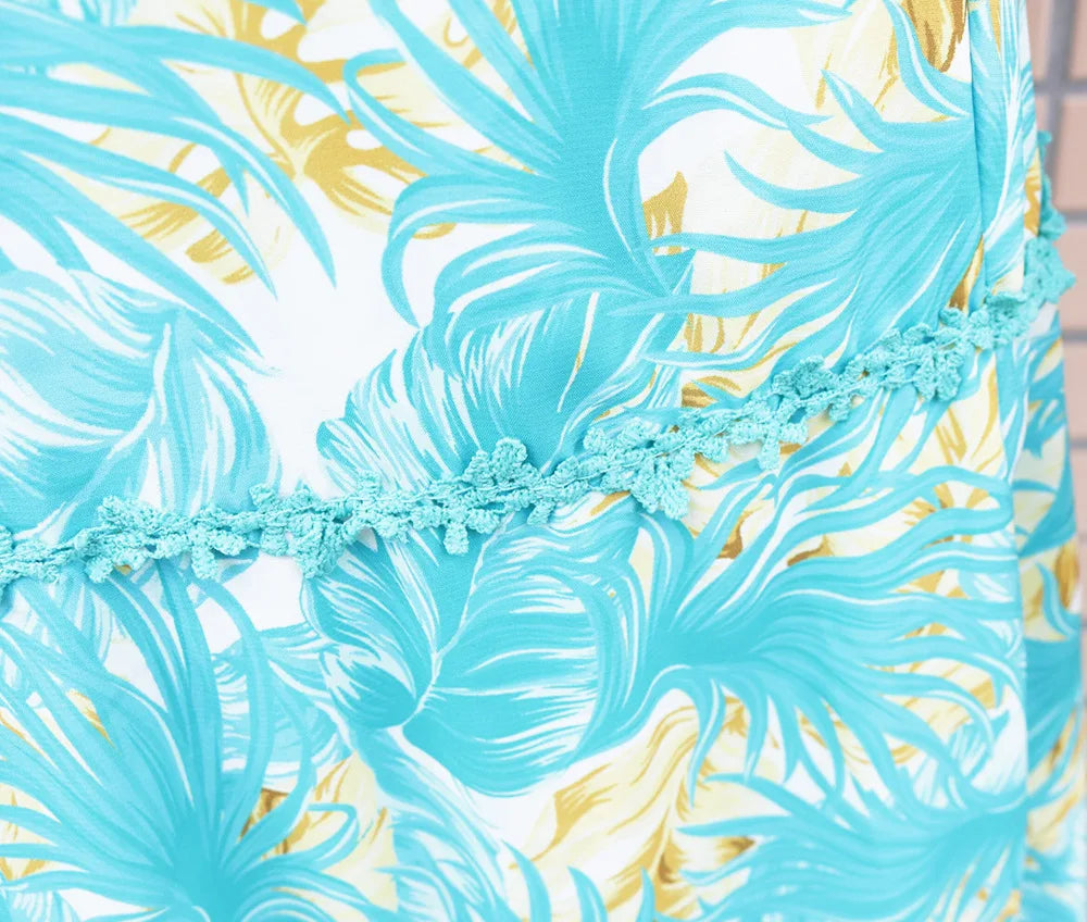 Ruffles Shoulder Two-piece Low Cut Top Leaf Print Skirt for Vacation