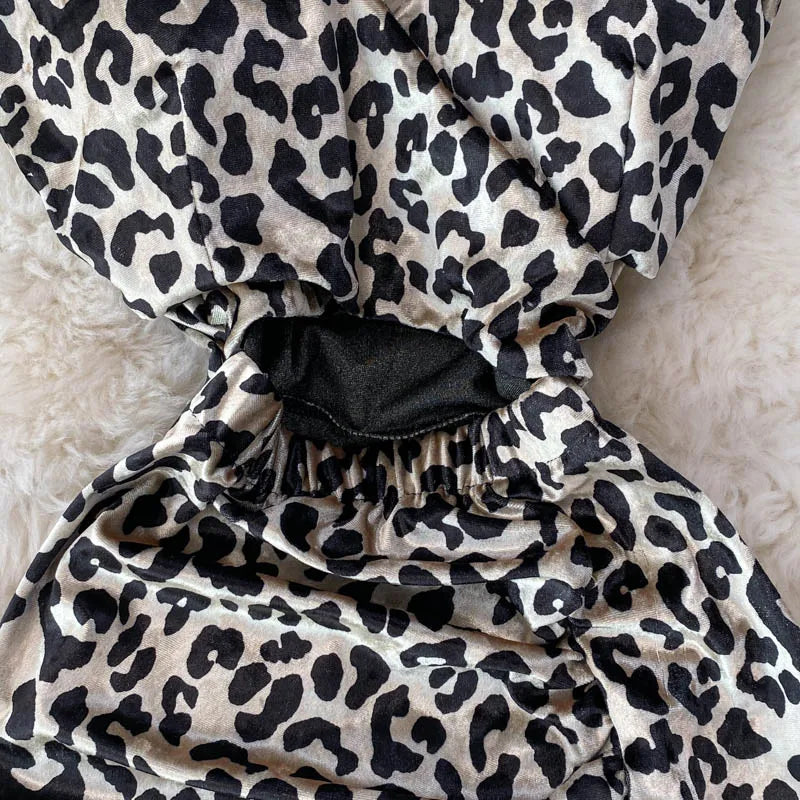 Leopard Print V-neck Sexy Bodycon Mini Dress Women Fashion Spring Autumn Sleeveless Cut Out Waist Backless Party Velvet Dresses