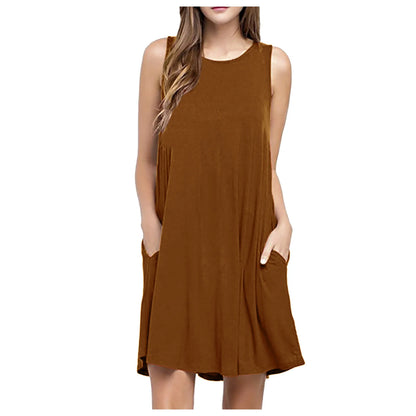 Women Summer Casual Dresses Beach Cover up Plain Pleated Tank Dress, Women Pockets Sleeveless Above Knee Dress Loose Party Dress