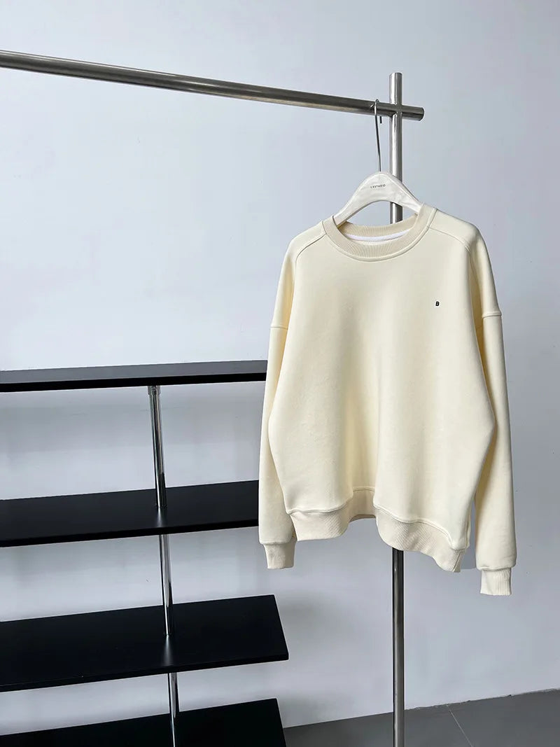 NS Pure Color Lazy Loose BF Hoodie Women's Simple Shape Sweatshirt Long Sleeve Letter Embroidery Top Casual Style Cotton Blend