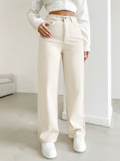 Women's autumn jeans, made of cotton denim, in a beige apricot color, straight-leg, slim fit, high-waisted, elastic waistband