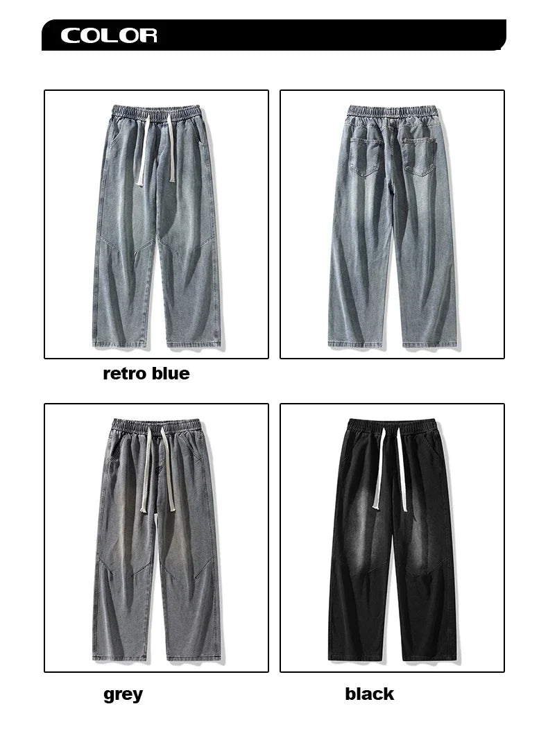 2025 Hip-hop Baggy Denim season elastic waist New Korean Men's Jeans American Loose Fit Wide-leg Straight Casual Trousers Street