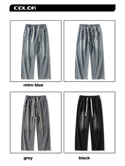 2025 Hip-hop Baggy Denim season elastic waist New Korean Men's Jeans American Loose Fit Wide-leg Straight Casual Trousers Street