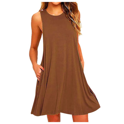 Women Summer Casual Dresses Beach Cover up Plain Pleated Tank Dress, Women Pockets Sleeveless Above Knee Dress Loose Party Dress