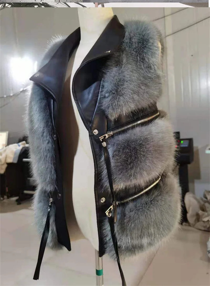 Autumn Winter Splicing Imitation Fox Fur Grass Vest Women Short Jacket 2025New Fashion Versatile Sleeveless Lady Waistcoat Coat
