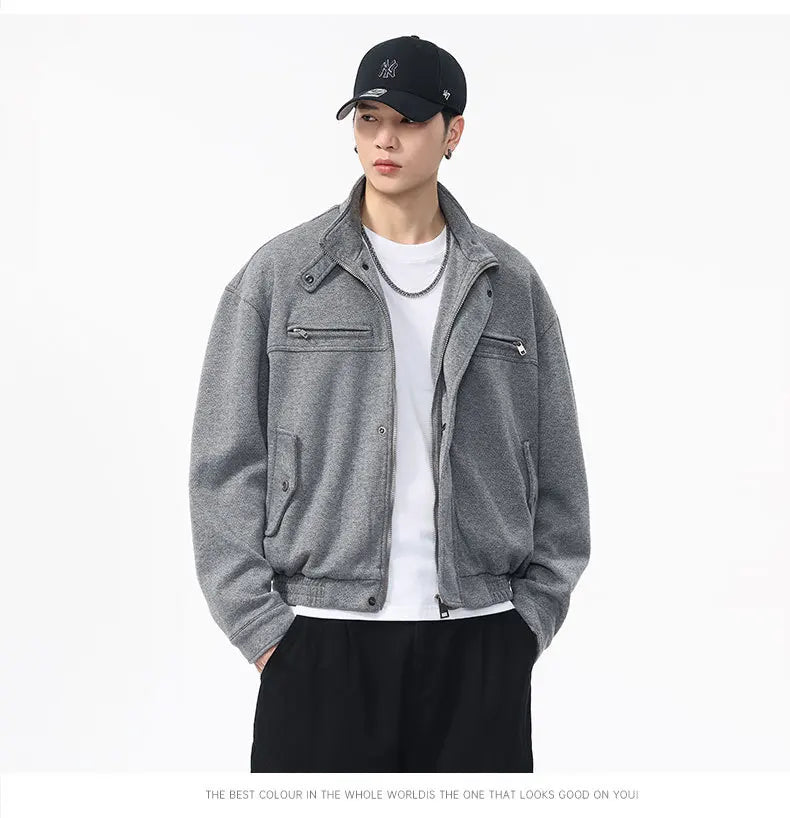 Autumn Winter Woolen Bomber Jacket Men Stand Collar Vintage Fashion Loose Casual Short Cargo Jacket Korean Streetwear Coat