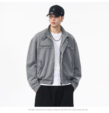 Autumn Winter Woolen Bomber Jacket Men Stand Collar Vintage Fashion Loose Casual Short Cargo Jacket Korean Streetwear Coat