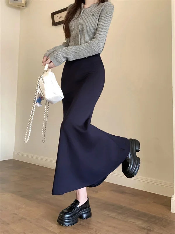 Solid Vintage Temperament Package Hip Skirts Elastic High Waist Simple Spring Autumn 2026 Fish Tail Skirt Casual Slim Long Skirt