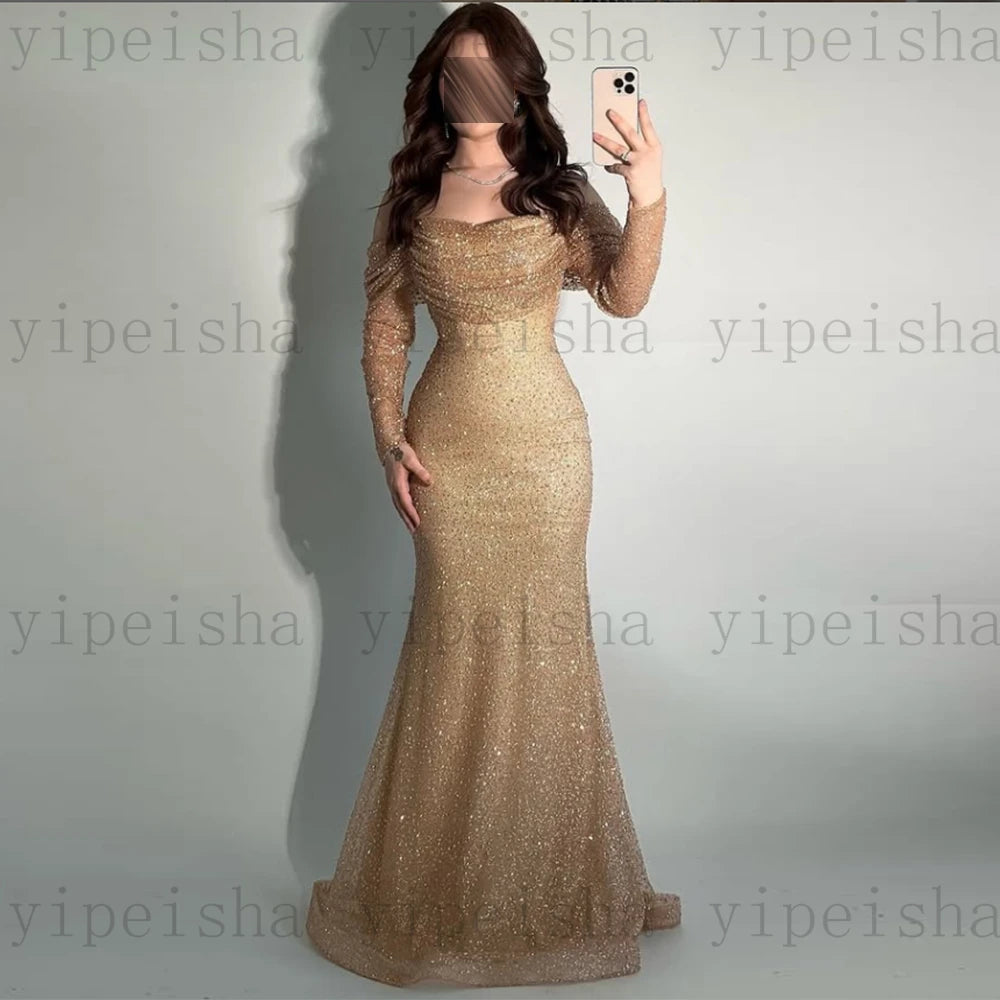 Customized Sweetheart Evening Dresses Pleat Draped glitter Sequined Beading mermaid Prom Gown Off The Shoulder Long Party Dress