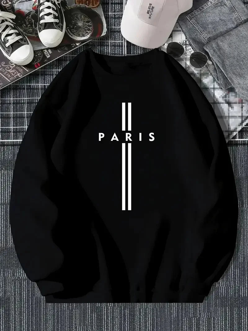 Men's autumn and winter fashionable casual loose Paris letter print fleece pullover long sleeved round neck sweatshirt