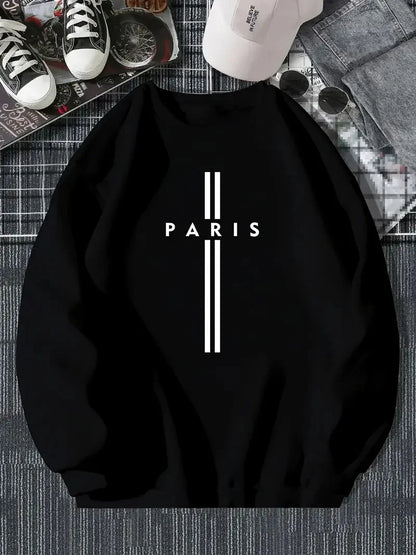 Men's autumn and winter fashionable casual loose Paris letter print fleece pullover long sleeved round neck sweatshirt