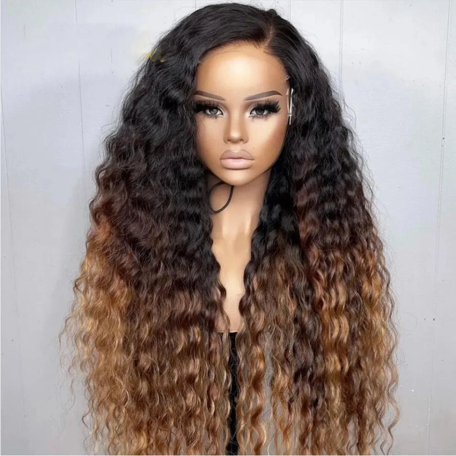 Soft 26Long Ombre Blonde Brown Kinky Curly 180Density Lace Front Wig For Black Women Babyhair SyntheticHeat Resistant Preplucked