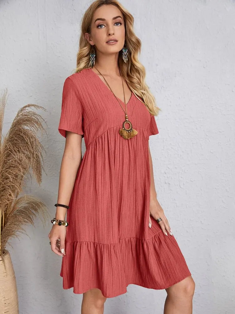 Elegant Solid V Neck A Line Dress 2024 New Summer Ruffles Loose Mini Dress Casual Short Sleeve Beach Party Vestidos Streetwear