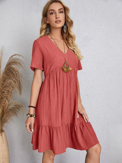 Elegant Solid V Neck A Line Dress 2024 New Summer Ruffles Loose Mini Dress Casual Short Sleeve Beach Party Vestidos Streetwear