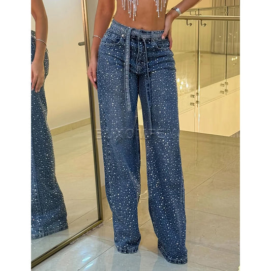 Women's Wide Leg Loose Jeans Drilled Straight Leg Pants 2026 Stylish Baggy Trousers Ladies Fashion Y2K Streetwear Outfit Bottoms