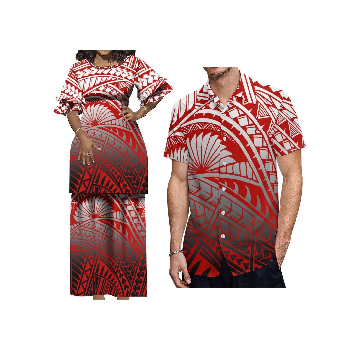 Plus Size Women 2 Piece Outfits Sets Dress New Wholesale Custom Polynesian Tribal Design Petal Sleeve Samoan Puletasi Set
