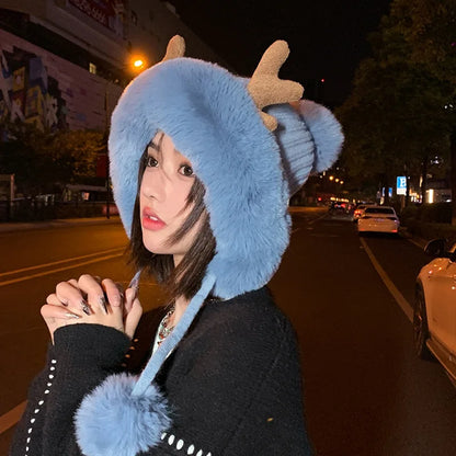 Knitted Hat Beanie Winter Warm Fleece Lined Reindeer Antlers Korean Style Cute Christmas Party Women Girls Thickened Thermal