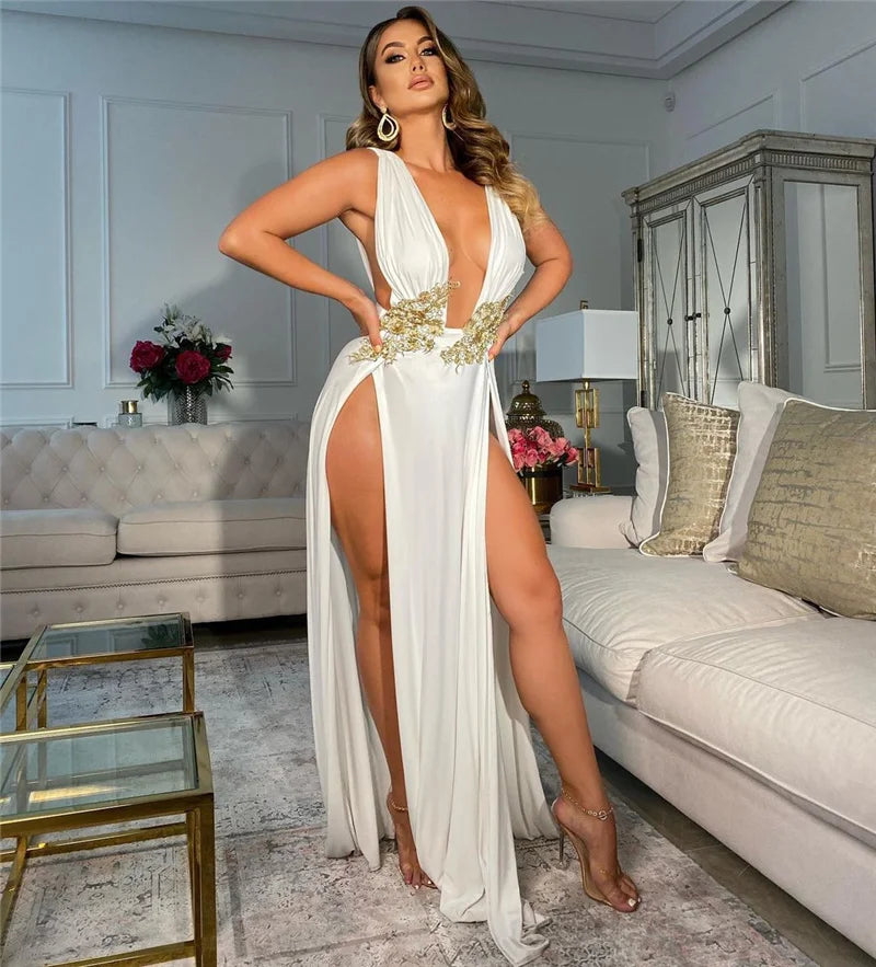 Sexy Deep V-neck Embroidery High Slit Maxi Dress Women Elegant Evening Wedding Sleeveless Backless Party Long Dresses Robe Femme