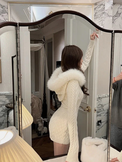 2023 Winter Knitted Sweater Dress with Hooded Women Slim Bodycon Y2k Mini Dress Faux Fur Female One Piece Dress Korean Elegant