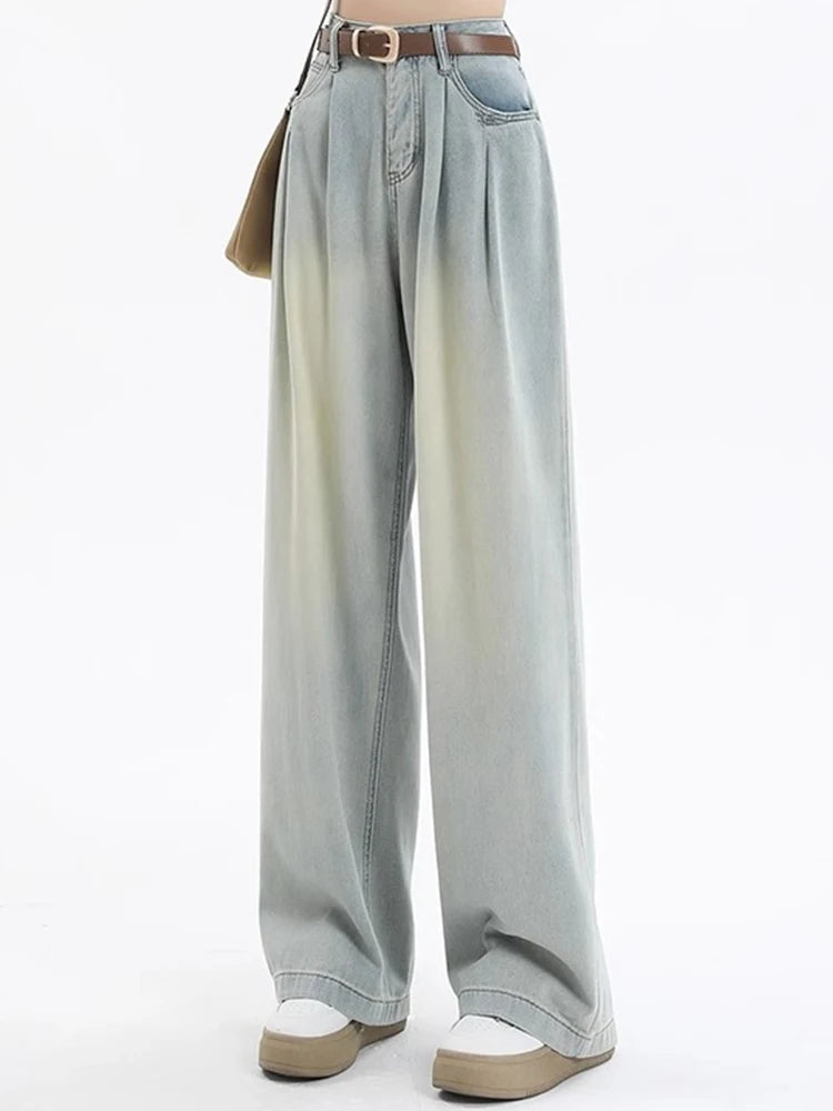 Woman High Waist Straight Leg Jeans Lady Loose Denim Wide Leg Pants Girls Korean Khaki Retro Blue Light Blue Gray White Trousers