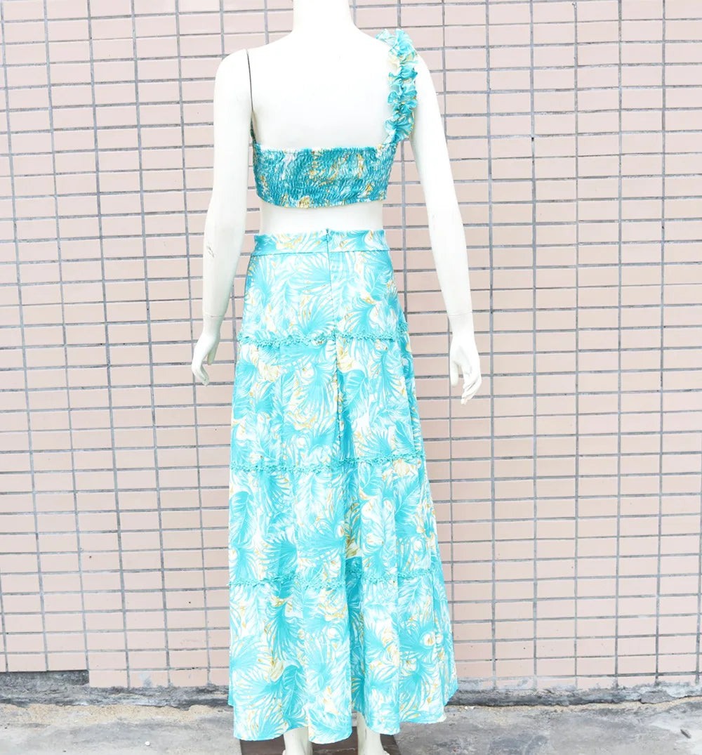 Ruffles Shoulder Two-piece Low Cut Top Leaf Print Skirt for Vacation