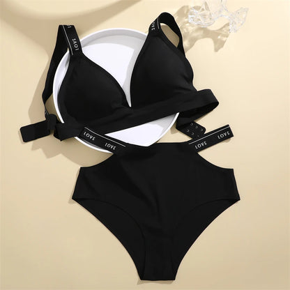 FINETOO Women Seamless Bra Set Sexy Cross Belt Brief Low Waist Panties Wireless Padded Bralette Suit Lingerie Backless Underwear