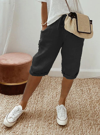 Women Cotton Linen Harem Knee Length Pants Summer High Elastic Drawstring Pocket Solid Color Shorts LRFZ-911