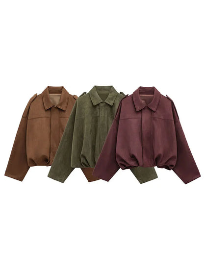Women Brown Green Suede Jacket Loose Casual Bomber Coat Lapel Zipper Long Sleeve Jackets Vintage Lady Motorcycle Outwears