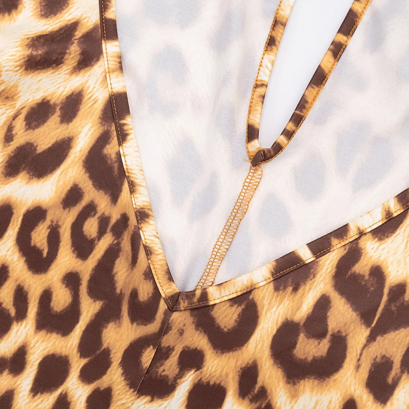 CUTENOVA Women'S Fall/Winter New Leopard Print Deep V-Neck Back Hollow Out  Bodycon Jumpsuit Sexy Fashion Streetwear Jumpsuit