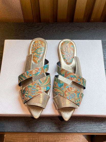 Women's sandals flat pointed Peep Toe slippers totem large size shoe snake pattern stone pattern sandals for women Flat slippers