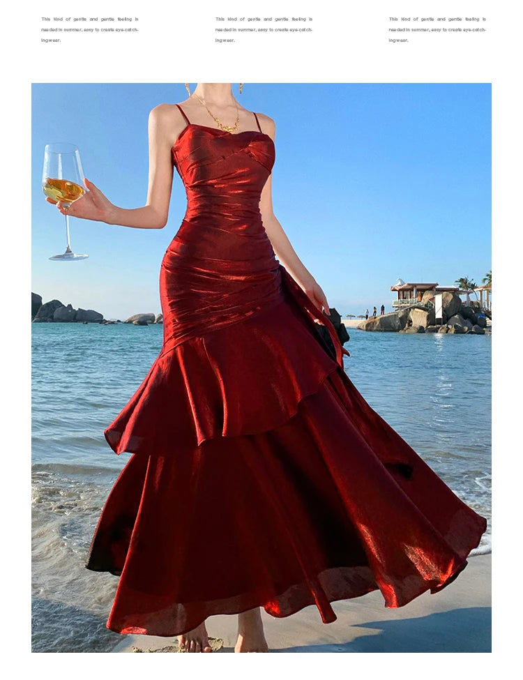 Sexy Solid Spaghetti Strap Sleeveless Evening Dresses Elegant Ruffles Party Long Dress For Women Summer Slim Beach New Vestidos