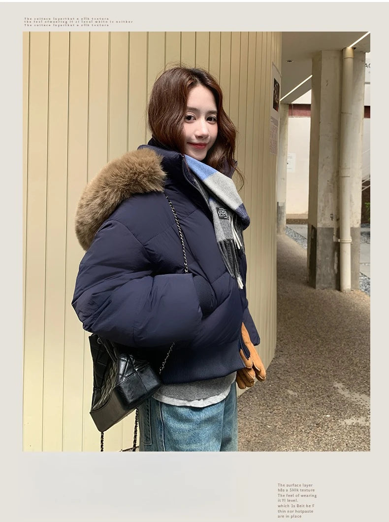 Casual Warm Fur Hooded Cropped Parkas Chic Streetwear Korean Style Down Cotton Coat Thicken Short Women's Winter 2025 Jacket
