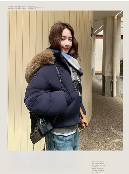Casual Warm Fur Hooded Cropped Parkas Chic Streetwear Korean Style Down Cotton Coat Thicken Short Women's Winter 2025 Jacket