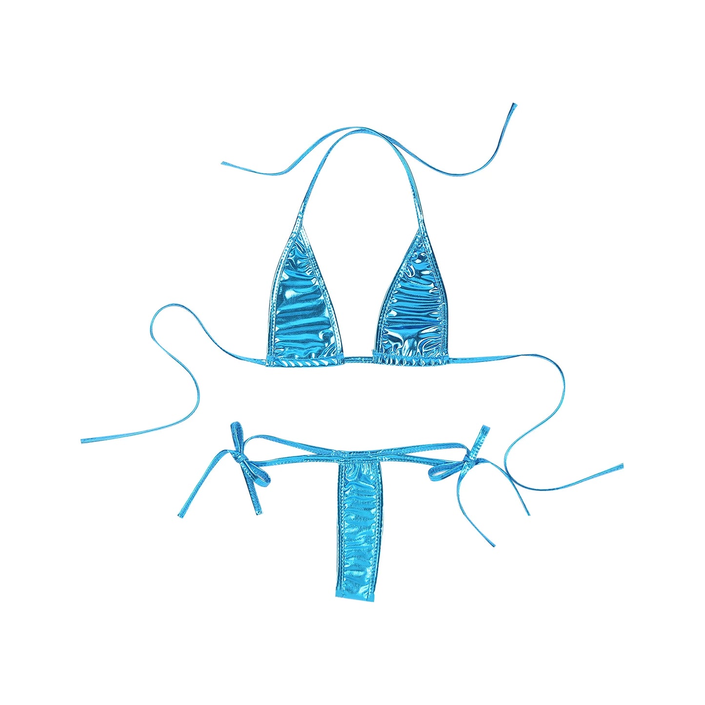 Womens Brazilian Micro Bikini Swimsuit Biquini Set Lacing Non-Padded Triangle Cup Bra Top with G-String Metallic Shiny Swimwear