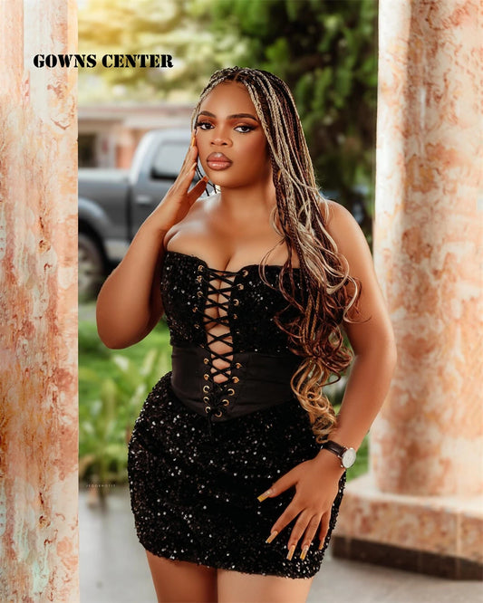 Sexy Black Sequin Short Aso Ebi Prom Dress Lace-up Strapless African Mini Cocktail Gown 2025 Birthday Luxury Dress Customized