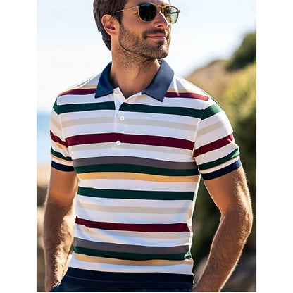 3D Print Colorful Color Block Polo Shirt For Men Stripes Pattern T-Shirts Summer Loose Street Lapel Top Button Short Sleeve Tees