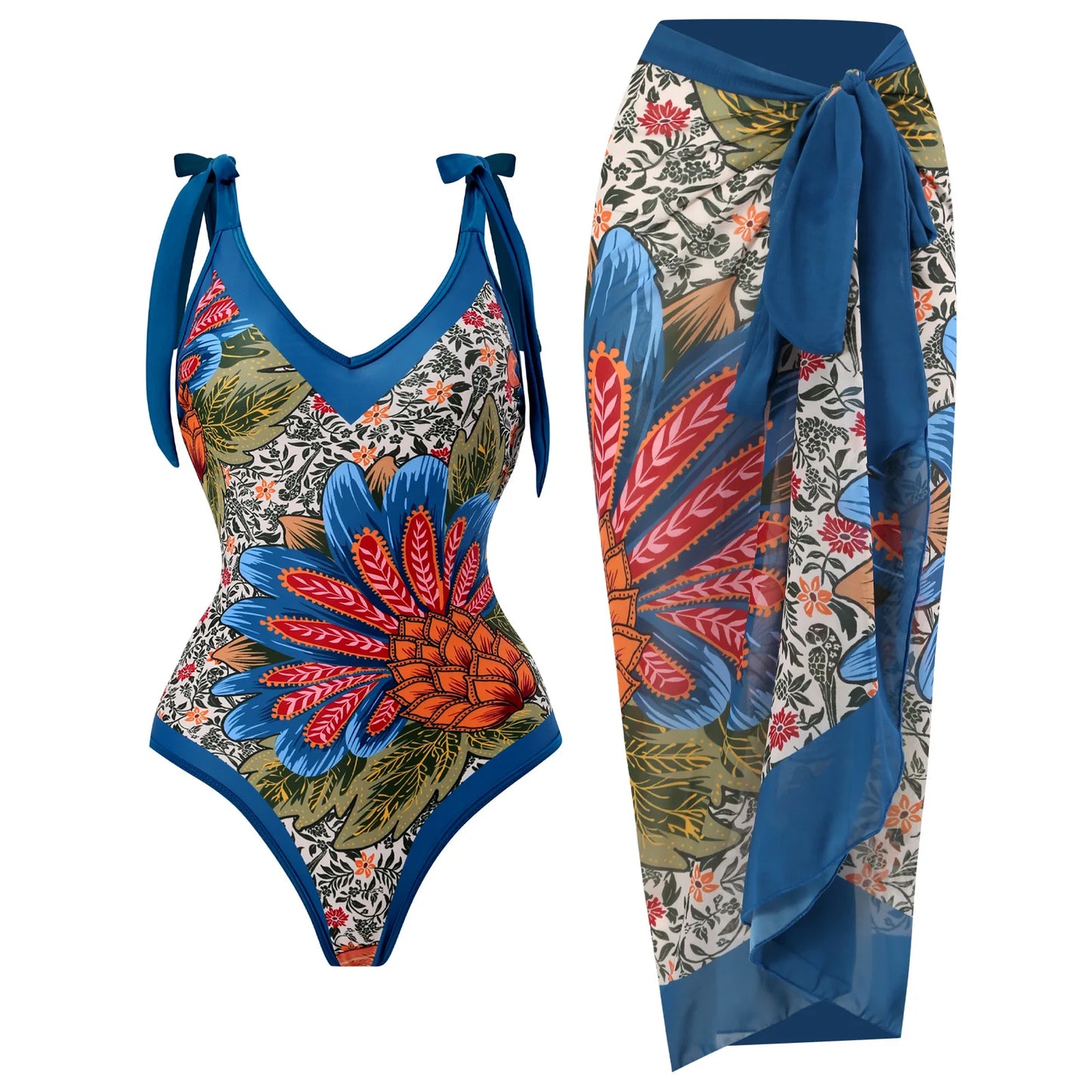 Fashion Women Cover Swimsuit Retro Print Gorgeous One-Piece Suit with Swimwear Beach Casual Swimwear Skirt That Wraps Hips