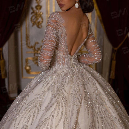 Beaded Sexy Bride Dresses Vestidos De Novia Luxury Hand Beaded Long Sleeve Wedding Dress Ball Gown Long Chapel Train
