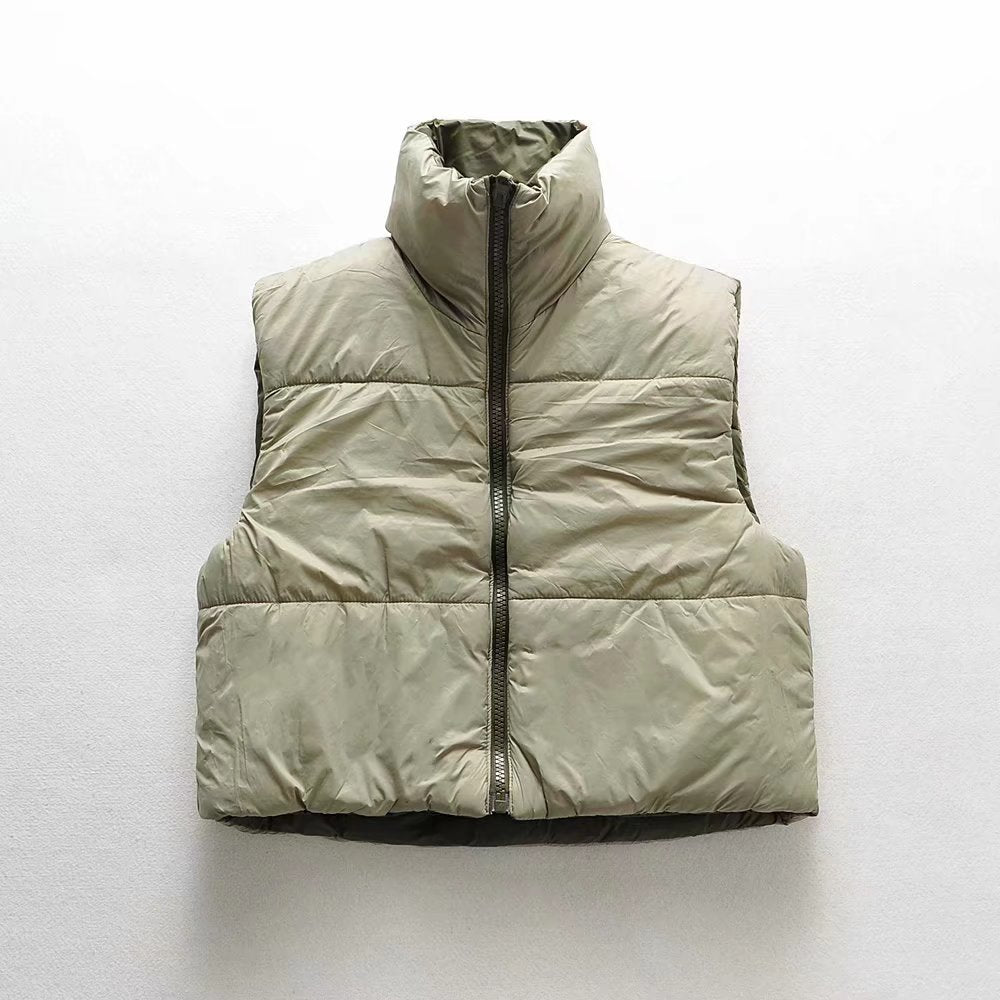 Fall Winter Warm Cropped Vest Jackets for Women Fashion Sleeveless Stand Collar Zip Up Puffer Waistcoat Street Style Outwear