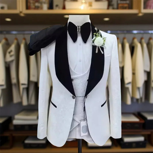3 Pcs Floral Wedding Suits for Men Slim Fit Shawl Lapel Groom Tuxedo Groomsmen Formal Prom Suit Jacket with Pants Vest 2025