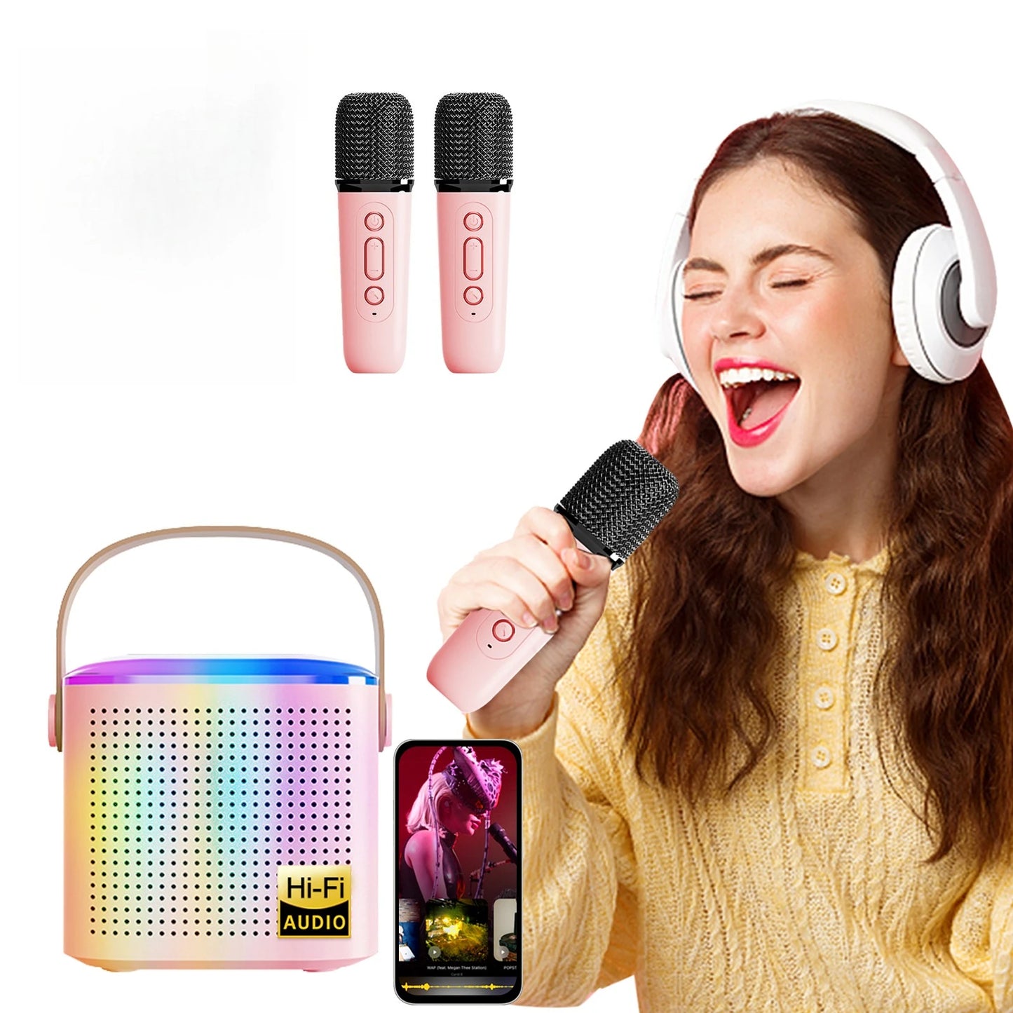 Wireless Karaoke Speaker, RGB Color Lighting, Two Microphones Rechargeable Battery, for Family Karaoke, Parties, Birthday Gifts