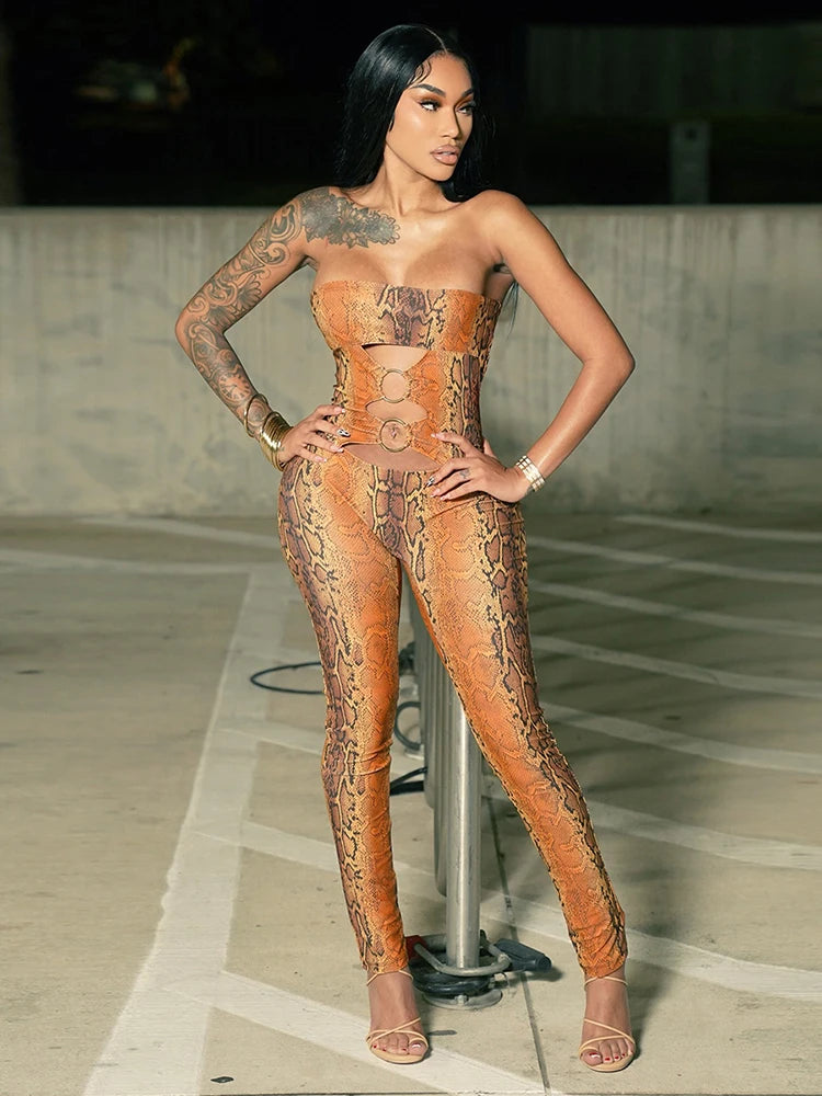 Nibber Hollow Snake Print Jumpsuits Women Y2K Strapless Metal Cirque Midnight Workout Activity Hipster Sexy Stretch Overalls