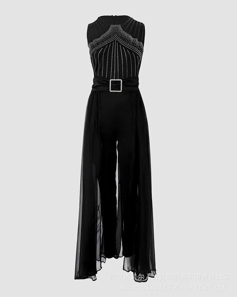 Women Jumpsuit 2026 Summer Simple Sleeveless Round Neck Rhinestone Fashion Sexy Sheer Mesh Daily Casual Commuting Jumpsuit