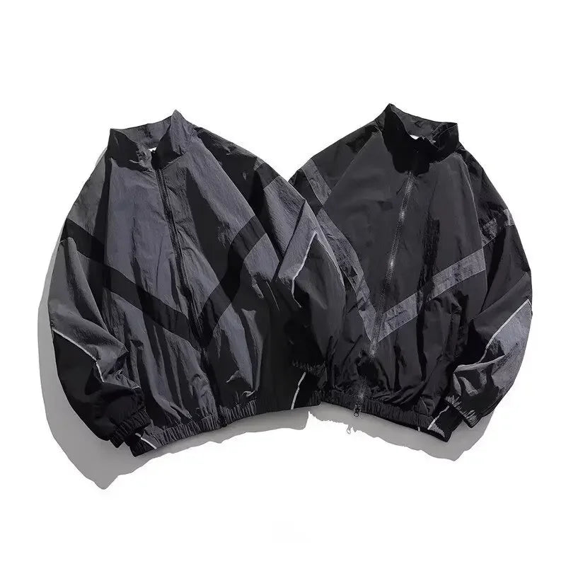 Trendy American Style Zippered Hooded Jacket Men's Loose Fit Casual Autumn Fashion Thin Jacket Reflective Patchwork Stand Collar