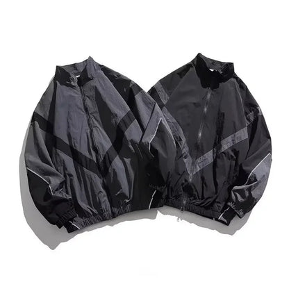 Trendy American Style Zippered Hooded Jacket Men's Loose Fit Casual Autumn Fashion Thin Jacket Reflective Patchwork Stand Collar